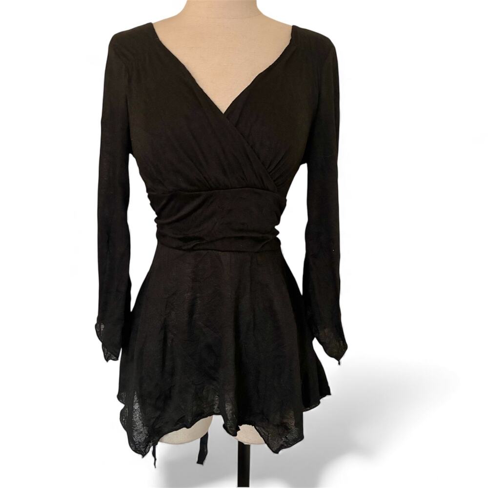 Black bohemian handkerchief hem top by Vol. 1, ladies medium surplice v-neck